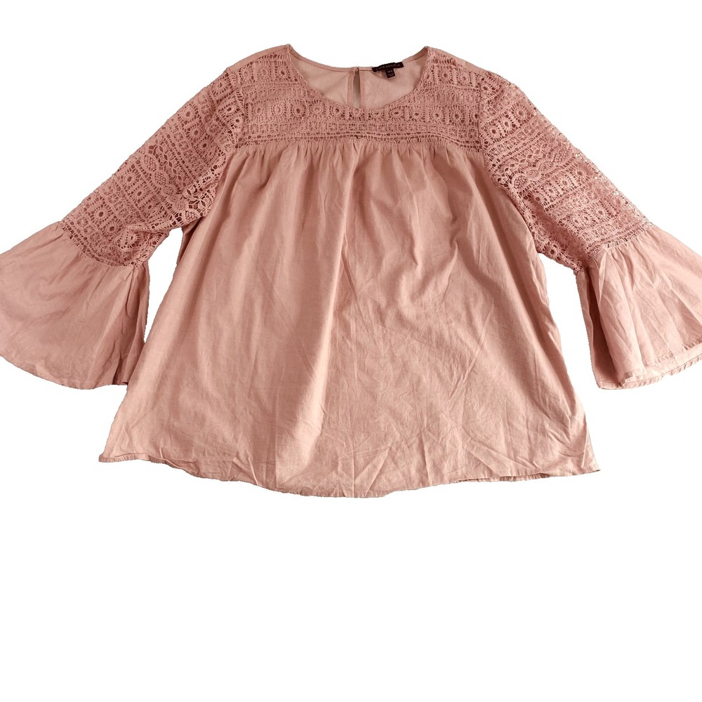 2/$30 Lane Braynt Blouse Sz 18/20 Pink Lace Bell Sleeve Dainty Peasant Cotton